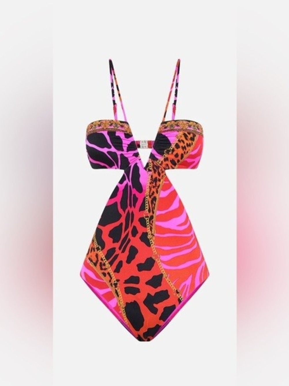 Camilla Leopard Print Cutout One-Piece Swimsuit in Hot Pink & Red "Showstopper" - Picture 3 of 4